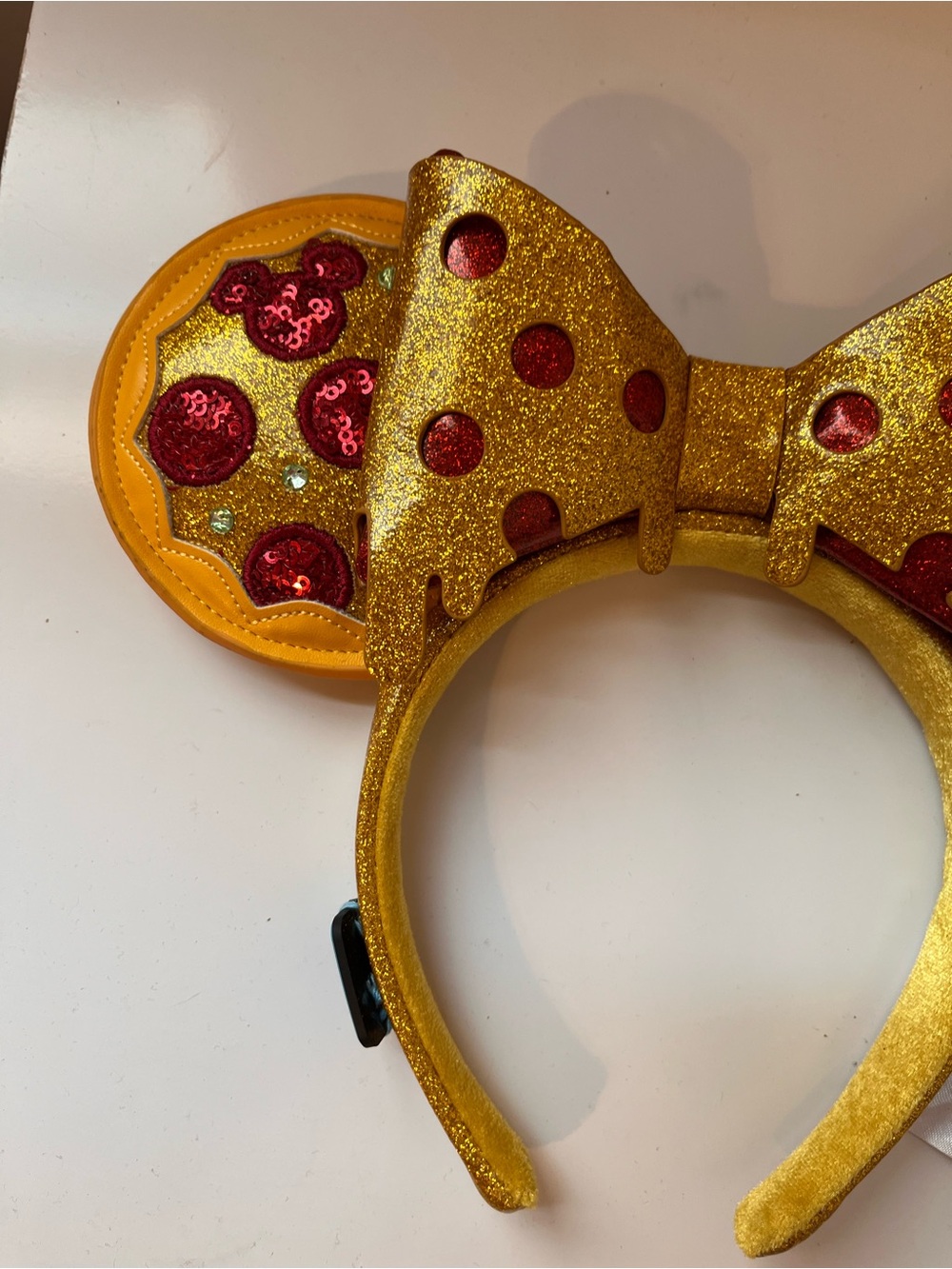 Disney Parks Minnie Mouse Pizza Ear Headband Sparkle Sequins Cheese Melt Bow - Picture 3 of 6